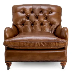 Luxuriöser brauner Ledersessel mit Tufting, Rollen und Nagelkopfverzierung – 75 cm – Luxusmöbel Vorderansicht von Luxury Group International