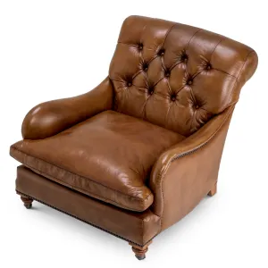Luxuriöser brauner Ledersessel mit Tufting, Rollen und Nagelkopfverzierung – 75 cm – Luxusmöbel Vorderansicht von Luxury Group International