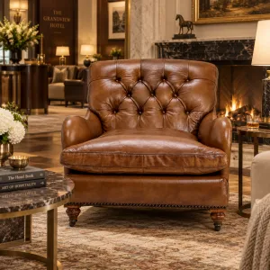 Luxuriöser brauner Ledersessel mit Tufting, Rollen und Nagelkopfverzierung – 75 cm – Luxusmöbel Lifestyle-Ansicht von Luxury Group International