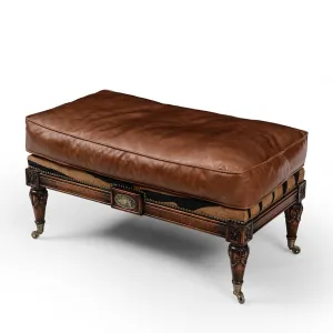 Luxus Barocker Hocker aus braunem Leder mit geschnitztem Holzrahmen & Messing-Rollen - Luxus Hocker Draufsicht von Luxury Group International