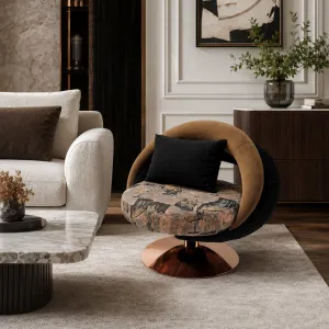 Luxury Brown Swivel Lounge Chair with Rose Gold Pedestal - Luxury Armchair Lifestyle View by Luxury Group International
