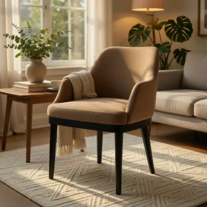 Luxury Brown Upholstered Dining Chair with Curved Arms & Sleek Black Wooden Legs Lifestyle View by Luxury Group International