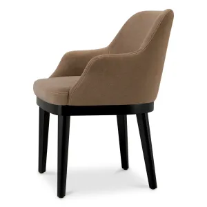 Luxury Brown Upholstered Dining Chair with Curved Arms & Sleek Black Wooden Legs Side View by Luxury Group International
