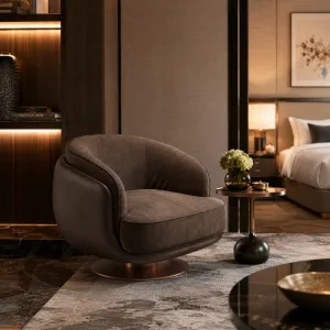 Luxury Brown Upholstered Swivel Armchair with Bronze Metal Base - Luxury Armchair Lifestyle View by Luxury Group International