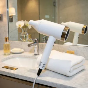Luxury Brushless Hotel Hair Dryer with Ionic Technology & Magnetic Styling Nozzle Lifestyle View by Luxury Group International