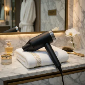 Luxury Brushless Hotel Hair Dryer with Ionic Technology & Magnetic Styling Nozzle Lifestyle View by Luxury Group International