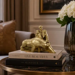 Luxury Bullfighter and Bull Bronze Sculpture in Golden & Antique Finish Lifestyle View by Luxury Group International