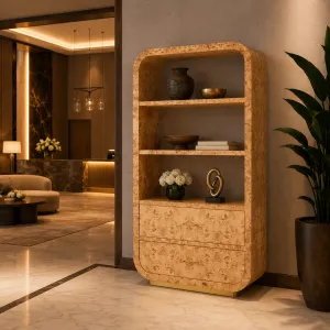 Luxus-Regale aus Maserholz mit abgerundetem Rahmen & zwei Schubladen Lifestyle-Ansicht von Luxury Group International
