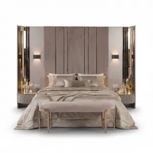 Luxury Champagne Beige Bed with Tall Panelled Headboard - Luxury Hotel Furniture Lifestyle View by Luxury Group International