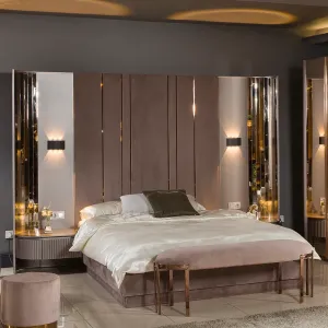 Luxury Champagne Beige Bed with Tall Panelled Headboard - Luxury Hotel Furniture Lifestyle View by Luxury Group International