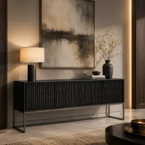 Luxury Charcoal Black Textured Sideboard Cabinet with Metal Base - Luxury Hotel Furniture Lifestyle View by Luxury Group International