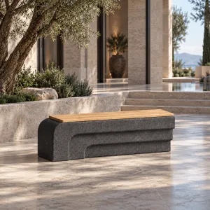 Luxury Charcoal Grey Outdoor Bench with Natural Wood Seat - Outdoor Furniture Lifestyle View by Luxury Group International