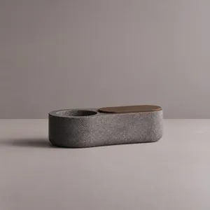 Luxury Concrete Charcoal Grey Oval Outdoor Planter with Garden Bench - Outdoor Furniture Front View by Luxury Group International