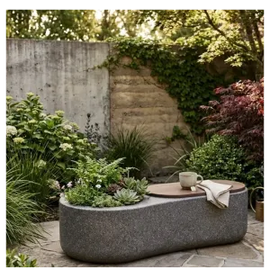 Luxury Concrete Charcoal Grey Oval Outdoor Planter with Garden Bench - Outdoor Furniture Lifestyle View by Luxury Group International