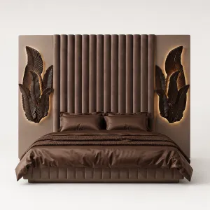 Luxury Chocolate Brown Bed with Illuminated Botanical Headboard - Luxury Bedroom Furniture Front View by Luxury Group International