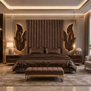 Luxury Chocolate Brown Bed with Illuminated Botanical Headboard - Luxury Bedroom Furniture Lifestyle View by Luxury Group International