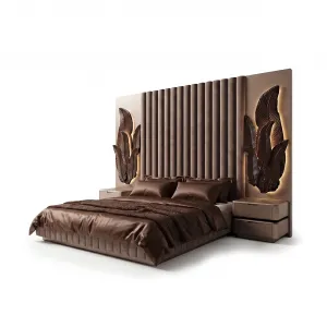 Luxury Chocolate Brown Bed with Illuminated Botanical Headboard - Luxury Bedroom Furniture Side View by Luxury Group International