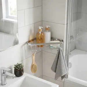 Luxury Chrome Plated Corner Bathroom Shelf with Integrated Hooks Lifestyle View by Luxury Group International