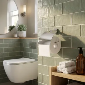 Luxury Chrome Plated Toilet Paper Holder with Protective Cover Lifestyle View by Luxury Group International