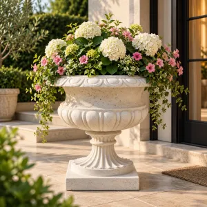 Macetero Clásico de Jardín de Lujo en Forma de Urna con Relieve Ondulado y Pie Acanalado - Maceteros de Lujo Vista lifestyle por Luxury Group International