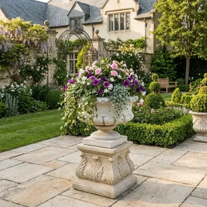 Luxury Classical Pedestal Bowl Garden Planter with Gadrooned Relief - Luxury Planters Lifestyle View by Luxury Group International