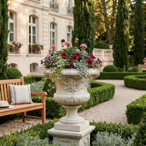 Luxury Classical Pedestal Garden Planter with Decorative Relief Detailing Lifestyle View by Luxury Group International