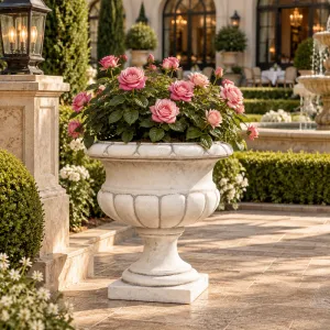 Luxury Classical Pedestal Garden Planter with Rounded Bowl Design Lifestyle View by Luxury Group International
