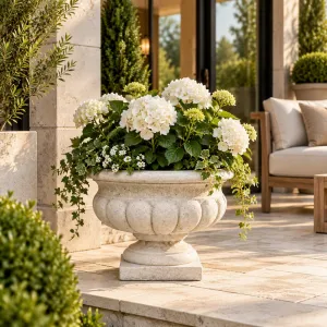 Luxury Classical Pedestal Garden Planter with Sculptural Bowl Design - Luxury Planters Lifestyle View by Luxury Group International
