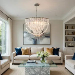 Lampadario di Lusso a Ciotola di Cristallo Trasparente con Finitura in Nichel Lucido Vista lifestyle di Luxury Group International