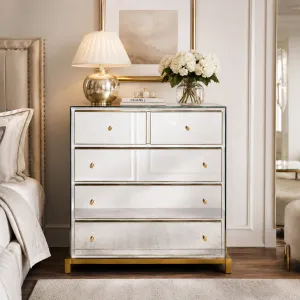 Luxury Clear Mirrored Five-Drawer Chest with Gold Metal Frame - Luxury Sideboard Cabinet Lifestyle View by Luxury Group International