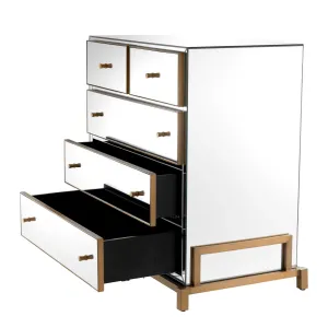 Luxury Clear Mirrored Five-Drawer Chest with Gold Metal Frame - Luxury Sideboard Cabinet Side View by Luxury Group International