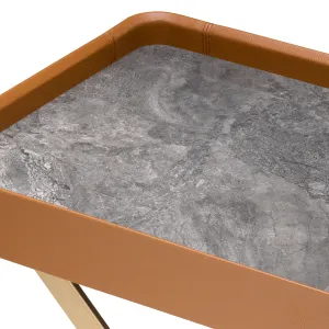 Luxury Cognac Brown Leather and Gold Metal Tray Bar Side Table - Luxury Side Table Detail View by Luxury Group International