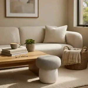 Luxus Kompakter Beiger Polsterhocker mit Weiß Gesprenkeltem Stein-Finish Lifestyle-Ansicht von Luxury Group International