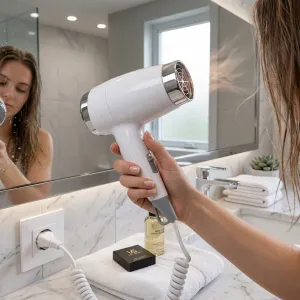 Luxury Compact Hotel Hair Dryer in Chrome Finish with Push-Button Control Lifestyle View by Luxury Group International