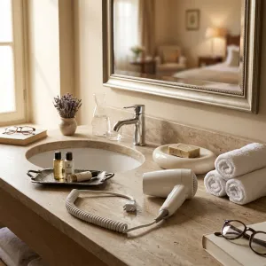 Luxury Compact Hotel Hair Dryer with Flexible Spiral Cable & Ergonomic Push Button Control Lifestyle View by Luxury Group International