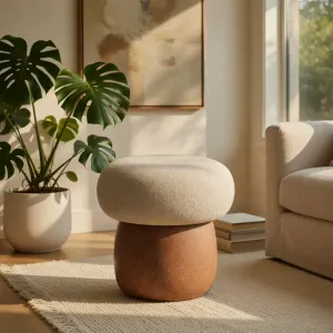 Luxury Compact Upholstered Stool with Rounded Terracotta Speckled Finish Lifestyle View by Luxury Group International