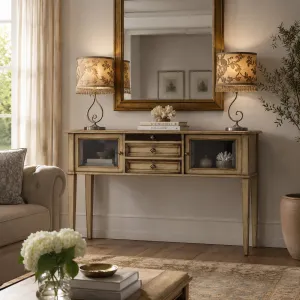 Luxus-Konsole mit zwei Glasvitrinen und dreifachem Schubladenspeicher Lifestyle-Ansicht von Luxury Group International
