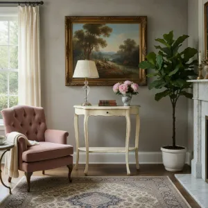 Luxury Console Table with Single Drawer & Lower Display Shelf in Distressed Ivory Finish Lifestyle View by Luxury Group International