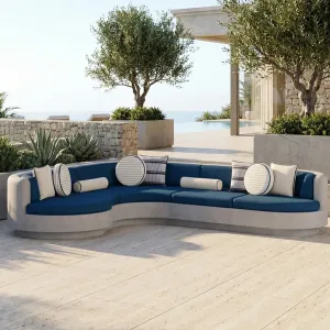 Luxury Contemporary Blue and White L-Shaped Sectional Sofa with Curved Chaise - Outdoor Furniture Lifestyle View by Luxury Group International