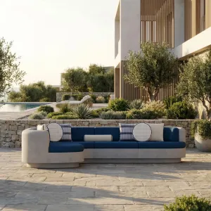 Luxury Contemporary Blue and White L-Shaped Sectional Sofa with Curved Chaise - Outdoor Furniture Lifestyle View by Luxury Group International