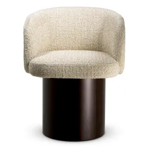 Luxury Contemporary Cream Bouclé Dining Armchair with Dark Wooden Pedestal Base Front View by Luxury Group International