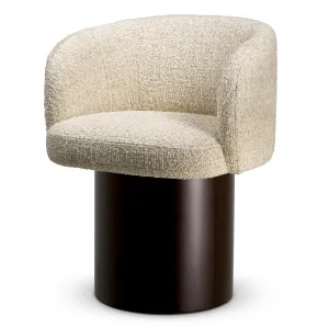 Luxury Contemporary Cream Bouclé Dining Armchair with Dark Wooden Pedestal Base Front View by Luxury Group International