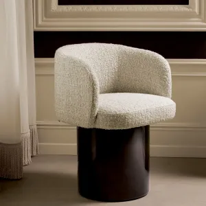Luxury Contemporary Cream Bouclé Dining Armchair with Dark Wooden Pedestal Base Lifestyle View by Luxury Group International