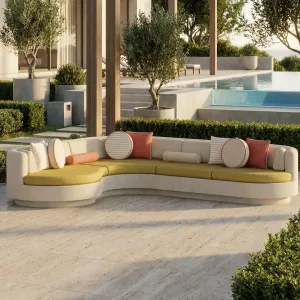 Luxury Contemporary Cream L-Shaped Sofa with Mustard Yellow Cushions - Outdoor Furniture Lifestyle View by Luxury Group International