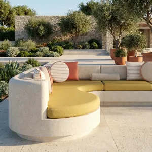 Luxury Contemporary Cream L-Shaped Sofa with Mustard Yellow Cushions - Outdoor Furniture Lifestyle View by Luxury Group International