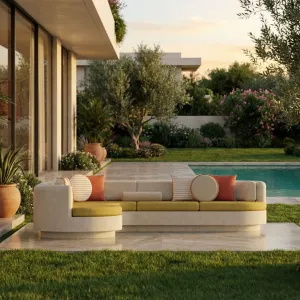 Luxury Contemporary Cream L-Shaped Sofa with Mustard Yellow Cushions - Outdoor Furniture Lifestyle View by Luxury Group International