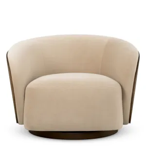 Luxury Contemporary Curved Beige Upholstered Lounge Chair with Wooden Back Front View by Luxury Group International