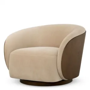 Luxury Contemporary Curved Beige Upholstered Lounge Chair with Wooden Back Front View by Luxury Group International