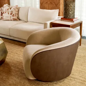Luxury Contemporary Curved Beige Upholstered Lounge Chair with Wooden Back Lifestyle View by Luxury Group International