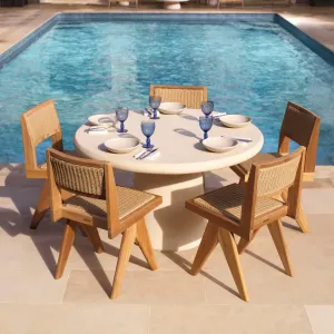 Luxury Contemporary Round Beige Dining Table with Sculptural Pedestal Base Lifestyle View by Luxury Group International